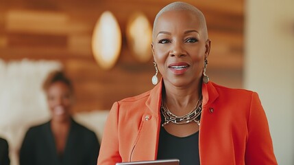 A professional class model businesswoman in a modern office setting, confidently presenting a digital tablet to a diverse group of colleagues, with a clean and minimalist background