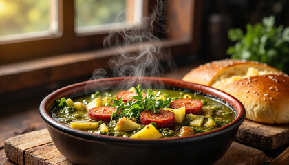 Steaming caldo verde soup with sausage and potatoes garnished with herbs in a rustic bowl