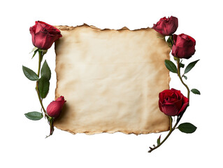 old blank sheet of paper with red roses on the side on a isolated on white background