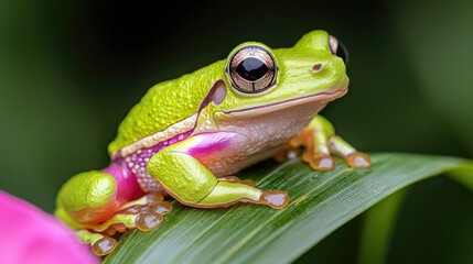 Naklejka premium Closeup vibrant green frog on leaf, tropical rainforest