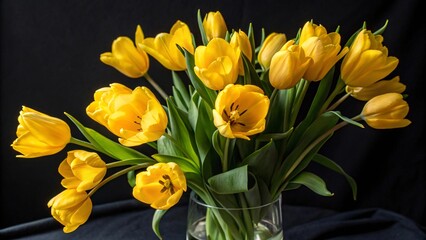 Yellow Tulips in a Vase: Bright Spring Flowers on Dark Background