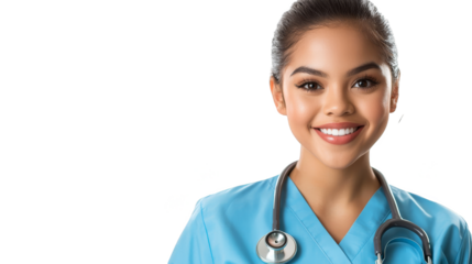 Smiling female doctor in blue scrubs, providing expert healthcare and medical services