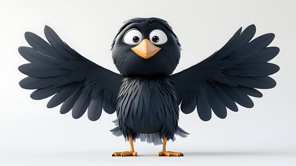 Naklejka premium Animated cartoon raven spreading wings studio digital art white background