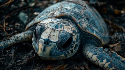 Naklejka premium Close Up of a Blue and Grey Sea Turtle on Dark Sand