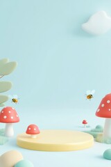 Whimsical scene with a pastel background, featuring mushrooms, bees, a platform, and cloud shapes