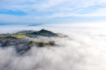Glastonbury Tor Somerset Misty morning Drone Landscape shot. 