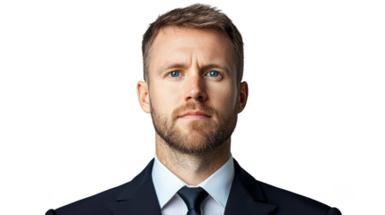 Ambitious businessman in a sharp suit looks upwards towards the future with contemplation