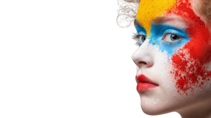 Closeup portrait of a young boy with vibrant and colorful face paint design for festive celebrations