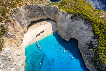 Aerial drone view of the famous Shipwreck Navagio Beach on Zakynthos island, Greece. Greece iconic...