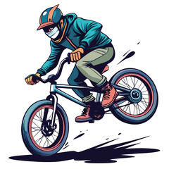 Obraz premium A BMX rider executing a daring wheel-spinning stunt, dynamic motion blur, intense concentration, outdoor setting, bright sunlight.
