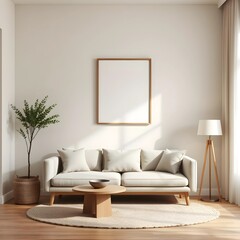 square japandi-style empty frame mockup in cozy neutral minimalist living room, wooden elements, soft lighting, textured decor, serene interior