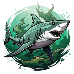 A menacing bull shark, partially hidden in murky, dark water, its sharp dorsal and pectoral fins visible.  Focus on the predatory nature.