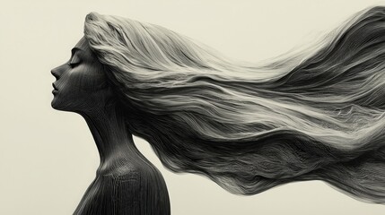 Abstract Portrait of a Woman with Flowing Hair in Ethereal Monochrome Style