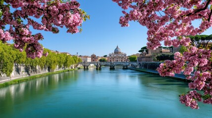 Obraz premium Experience vibrant spring colors along the Tiber River, showcasing beautiful blooming flowers and stunning architecture