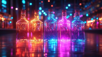 Colorful Bottles with Glowing Lights on Urban Street at Night in Artistic Environment