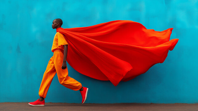 Mod&egrave;le homme noir africain ou noir am&eacute;ricain, habill&eacute; d'un jogging orange et d'une cape rouge, qui d&eacute;file devant un mur turquoise, photo de mode