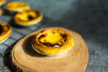Delicious portuguese egg tart . Close up