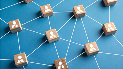 digital illustration of social network graph with wooden blocks representing users connected by lines, symbolizing communication and relationships
