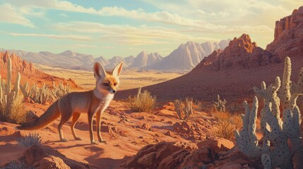 Naklejka premium Desert Fox at Sunset in Rocky Landscape