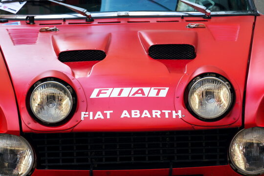 Vintage Italian racing car Fiat Abarth 124 Sport Rally of the seventies oldsmobile veteran preparing for Saalbach Classic rally on June 21, 2018 in Saalbach-Hinterglemm, Austria.