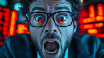 Stock trader reacts with panic to market collapse, showing intense emotion and shock. background features digital stock market displays in red, emphasizing urgency of situation