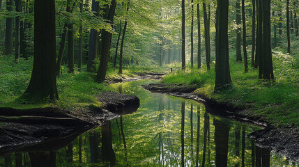 Obraz premium Serene forest landscape with lush green foliage and a winding stream reflecting the trees, showcasing nature's beauty and tranquility.