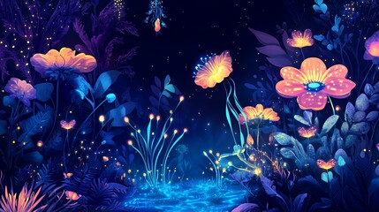 Luminous Flowers Bloom in a Mystical Night Garden