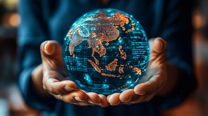 Hands holding glowing circular globe of Earth, showcasing digital data and continents, symbolizing global connectivity and technology