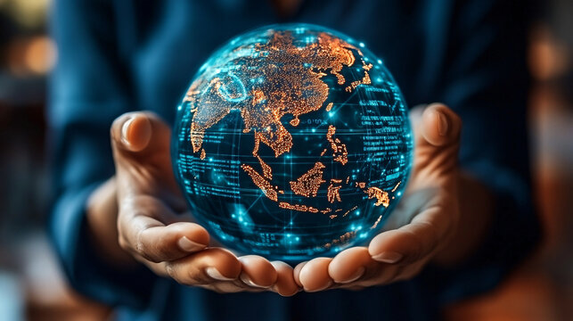 Hands holding glowing circular globe of Earth, showcasing digital data and continents, symbolizing global connectivity and technology