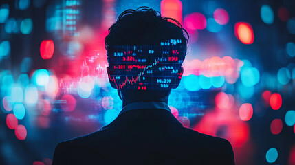 worried entrepreneur contemplates declining stock market, surrounded by vibrant city lights. digital overlay of stock data reflects his concerns about financial trends