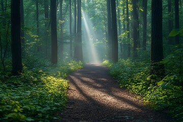 Obraz premium Sunbeams Illuminating a Peaceful Forest Path