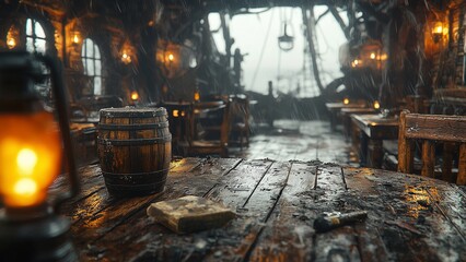 Fototapeta premium ultra-realistic cinematic depiction of rustic pirate taverns in various settings. some images show abandoned, weathered interiors with rain-soaked wooden tables, lanterns, and barrels, evoking mystery