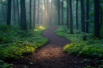 Obraz premium Sunbeams Piercing a Misty Forest Path