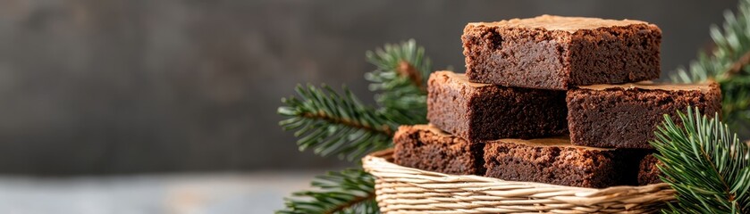 Delicious chocolate brownies stacked in a rustic basket surrounded by festive pine branches on a wooden table