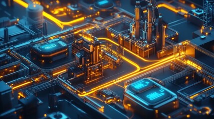 Futuristic factory infrastructure with illuminated pipes and circuits