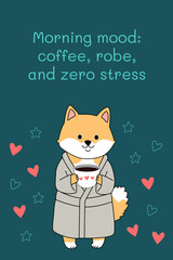 Cartoon Shiba Inu dog enjoying morning coffee in robe