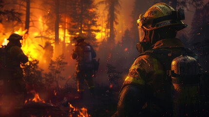 firefighters in full gear to combat a raging forest wildfire. Focused on a firefighter's determined expression illuminated by the fire's glow, surrounded by towering flames and dense smoke, with a vas