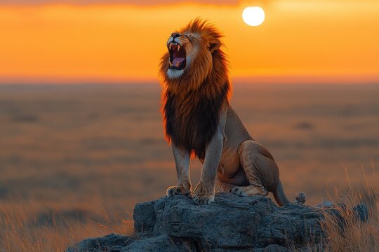 Majestic African lion roaring at sunset, perched atop a rock, showcasing its power and wild beauty. - Powered by Adobe