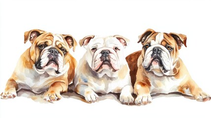 Obraz premium Three Bulldogs Watercolor. Cute Dog Breeds In Watercolor Style For Your Creative Projects.