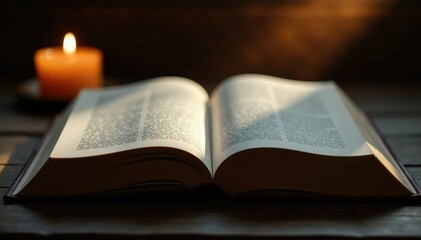 Obraz premium Book's pages rustle softly as gentle candlelight touches the open pages, candlelight, study, volume