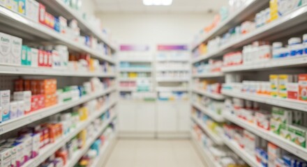 pharmacy shelves, medicine bottles, colorful packaging, organized rows, blurred background, sterile environment, healthcare supplies, pharmaceutical
