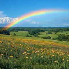 Vibrant rainbow arcs over a sprawling field of wildflowers under a bright blue sky.