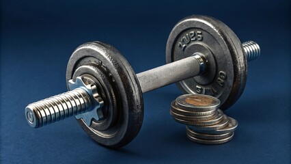 Naklejka premium Dumbbell and Stacked Coins Symbolizing Balance Between Physical Fitness and Financial Wellness