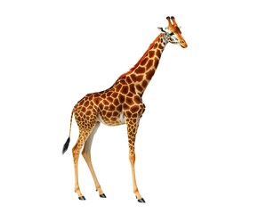 Naklejka premium Full-body giraffe with long neck and distinctive patterns, isolated on white