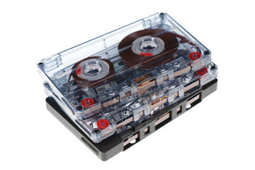 Stack of retro audio cassettes isolated on white background