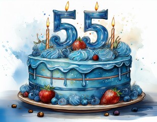 Illustration of decorated blue cake for birthday or anniversary party. Number 55, fifty-fifth birthday celebration