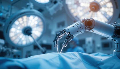 A highly advanced robotic arm performs intricate surgical procedures in a well-equipped operating room. Surgeons in the background monitor the patient's status as daylight breaks through