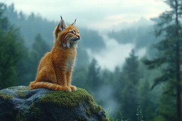 Majestic lynx kitten perched on mossy rock, overlooking misty forest valley. Serene wildlife scene.