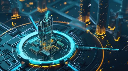 Futuristic city model on circuit board, digital cityscape, technological innovation, graphic design illustration