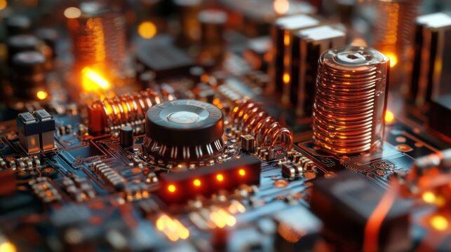 Complex electronic board of toroidal inductors, copper wire windings, precision resistors and multi transformers background wallpaper AI generated image